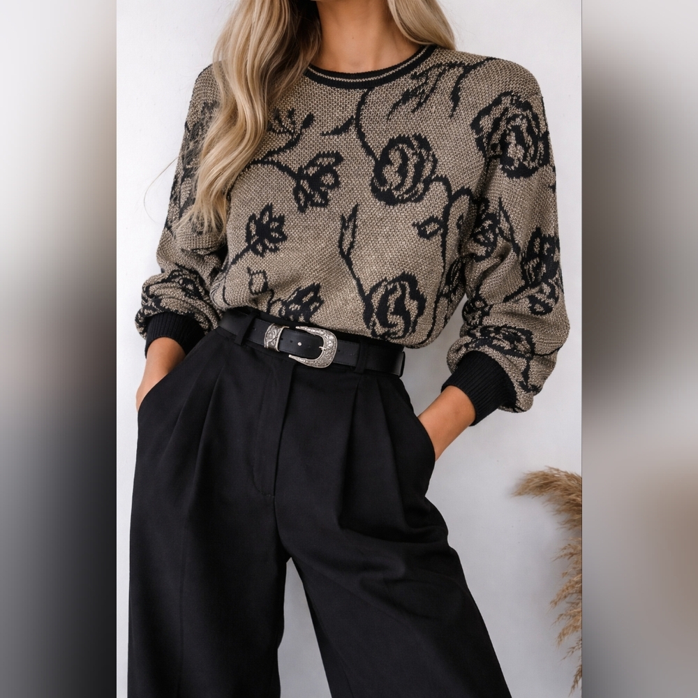 Vintage 80s D’Allaird’s Metallic Gold Black Floral Knit Sweater Crewneck | M